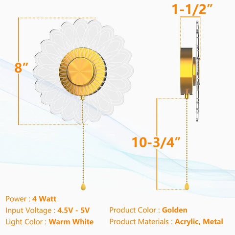 Battery Powered Sunflower Wall Sconce With Vintage Pull Chain 8 Inch Decorative Light For Bedroom Porch Front Door Vanity Cozy Home Vibes Gift For Daughter Uses 3 AA Batteries Not Included, showing size and material dimensions.