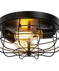 Industrial Black Flush Mount Ceiling Light 2 Light Farmhouse Fixture With Metal Cage Shade, modern rustic style in black metal.