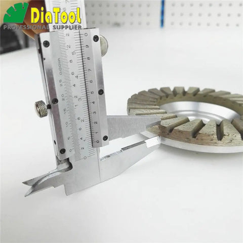 Caliper measuring 4 Inch Diamond Grinding Cup Wheel For Granite Marble Concrete Brick Low Noise Aluminum Based Turbo Cup Disc Bore Seven Eighths Inch Grit 30 Pro Grade Finishing