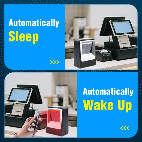 Handsfree Omnidirectional Desktop Barcode Scanner with USB cable shown at checkout with sleep and wake up modes in action