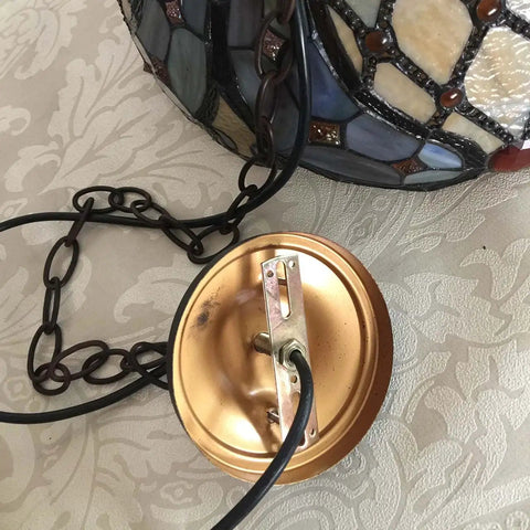 Tiffany Style Stained Glass Ceiling Pendant Light With Baroque Vibe, Handmade Glass Shade, chain and socket detail