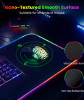 Gigantic RGB Gaming Mouse Pad With 14 Light Modes Extra Large 31.5 By 12 Inch Extended Soft LED Surface showing nano-texture and rubber base