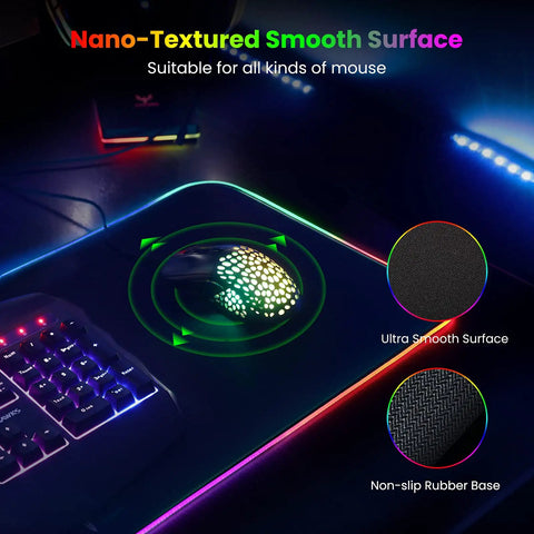 Gigantic RGB Gaming Mouse Pad With 14 Light Modes Extra Large 31.5 By 12 Inch Extended Soft LED Surface showing nano-texture and rubber base