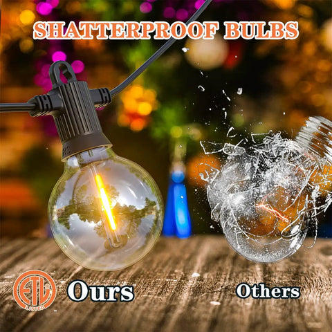 Outdoor 240 Ft LED String Lights With 124 G40 Globe Bulbs, Waterproof IP65 Dimmable Patio Lighting showing intact and shattered bulb