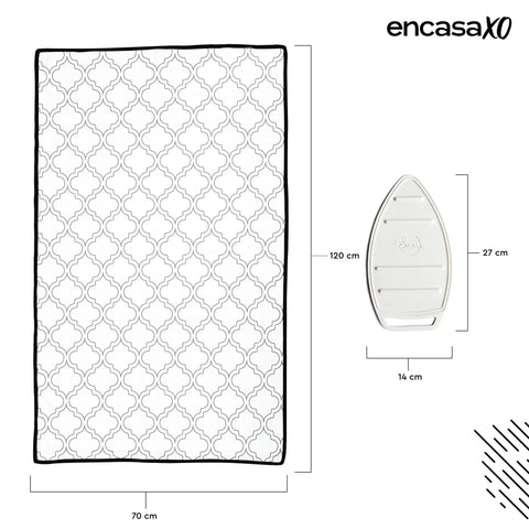 Big 48x28 Inch Ironing Mat Pad With 3mm Padding And Silicone Iron Rest, shown with white tiles pattern and dimensions.