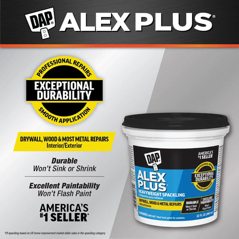 Alex Plus Spackling White 32 Oz Quick Dry Patch For Drywall Wood And Metal No Sag No Shrink Pro Grade Strength For Fast Home Repairs Smooth Finish That Sands Easy And Stays Durable For Indoor Use Remodel Projects