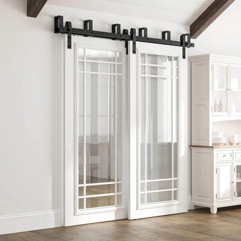 8 Ft Double Track Bypass Sliding Barn Door Hardware Kit For Two Doors, installed with black powder coat finish, doors not included