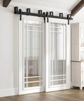 Installed 6Ft Double Track Bypass Sliding Barn Door Hardware Kit For Two Doors, ultra smooth rail, heavy duty steel, black powder coat