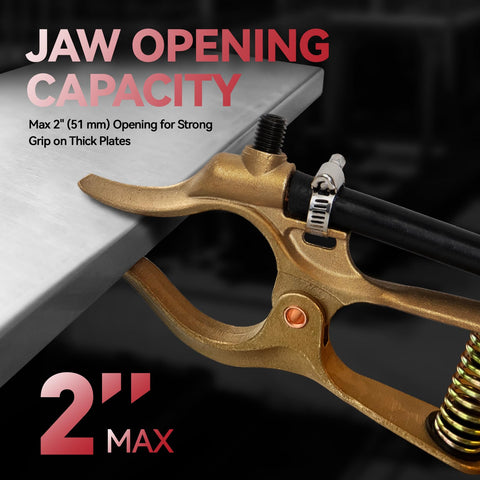 T Style 400A Heavy Duty Brass Welding Ground Clamp clamping 2 inch thick metal plate with curved jaws and beefy spring tension