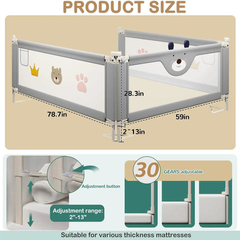 Heightened Bed Guard Rail For Toddlers And Kids, Swing-Down Side Rail Fits Twin Full Queen King Mattress Sizes, Ultra Sturdy Steel Frame With Soft Cationic Cloth Cover, Safe Kiddo Friendly Design, Easy Install And Strong Support shown with dimensions and adjustable range