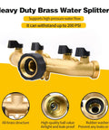 Four Way Garden Hose Splitter With Four Extension Adapters Brass Watering Splitter For Multiple Outlets Easy To Use Leak Free Includes Spring Protectors Spare Washers And Thread Sealing Tapes., brass 4-way hose splitter with black valves and 3/4-inch threaded inlet