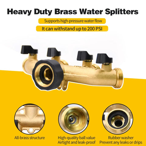Four Way Garden Hose Splitter With Four Extension Adapters Brass Watering Splitter For Multiple Outlets Easy To Use Leak Free Includes Spring Protectors Spare Washers And Thread Sealing Tapes., brass 4-way hose splitter with black valves and 3/4-inch threaded inlet