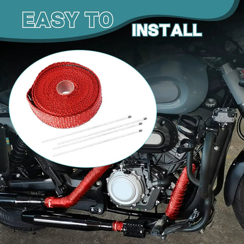 Badass Titanium Fiberglass Exhaust Heat Wrap 16 4 Ft Thermal Insulation For Cars Trucks And Motorcycle Engines Handles 2000 Degrees With Beefed Up Steel Cables In Red displayed on motorcycle exhaust.