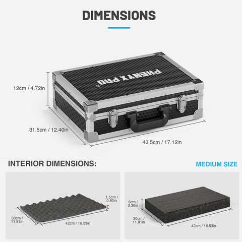 Rugged Aluminum Alloy Carrying Case Workhorse with Dual Layer Customizable Foam internal and external dimensions shown.