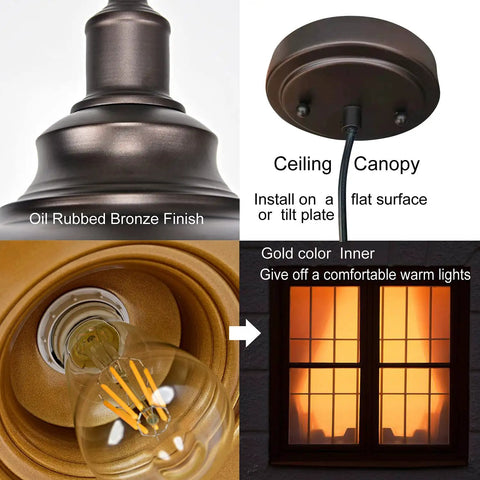 Three Pack Farmhouse Pendant Lights With Adjustable Height For Kitchen Island, Industrial Barn Style Ceiling Fixtures In Oil Rubbed Bronze With Gold Interior, Durable Metal Trio Lighting Over Island Sink