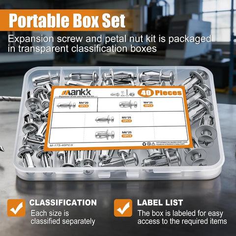 Forty Piece Petal Nut Expansion Screw Set For Hollow Walls And Thin Panels M4 M5 M6 M8 in labeled transparent box