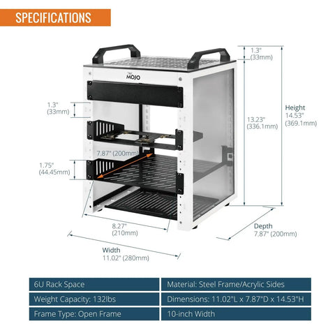 Straight Up Slick 6U Mini Server Rack 10 Inch Desktop Network Cabinet with translucent sides and grip handles, specifications side view.