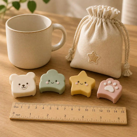 Silicone Corner Guards 16 Pack Soft Edge Protectors For Furniture In Paw Cloud Bear And Star Shapes Kid Safe Nursery Home Edge Cushions on table with ruler and drawstring bag.
