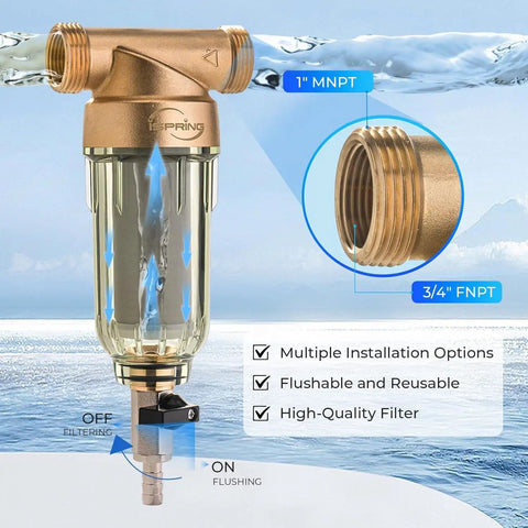 Spin Down Sediment Water Filter For Whole House, Reusable Flushable Prefilter, 1000 Micron Screen, Well Water System Protection