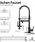 RUMOSE Matte Black Commercial Kitchen Faucets with Pull Down Sprayer diagram showing dimensions and installation options.