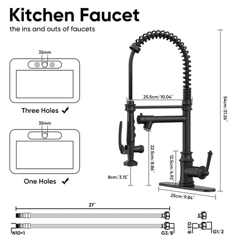 RUMOSE Matte Black Commercial Kitchen Faucets with Pull Down Sprayer diagram showing dimensions and installation options.