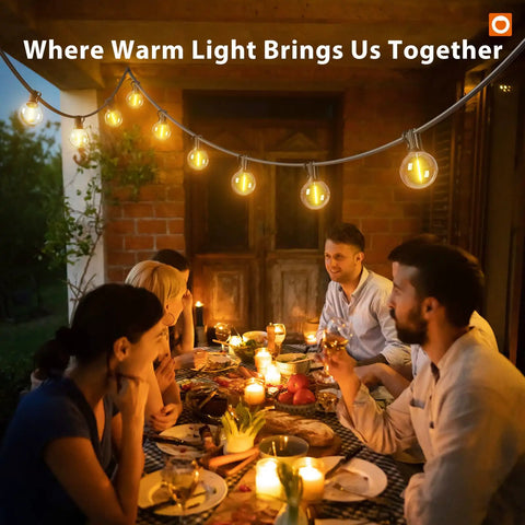Outdoor String Lights 48 Ft LED Shatterproof Bulbs, Dimmable Waterproof Patio Lights over dining table on porch