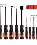 DAYSLIVES 9-piece auto precision hook and pick set with scraper, black and orange handles, carrying pouch