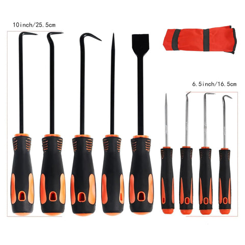 DAYSLIVES 9-piece auto precision hook and pick set with scraper, black and orange handles, carrying pouch