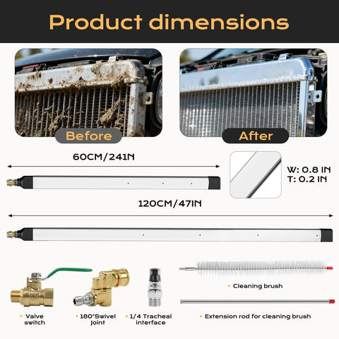 Product dimensions of Beefy Radiator Cleaning Wand Set With 47 Inch And 24 Inch Dual Wands, before and after cleaning images