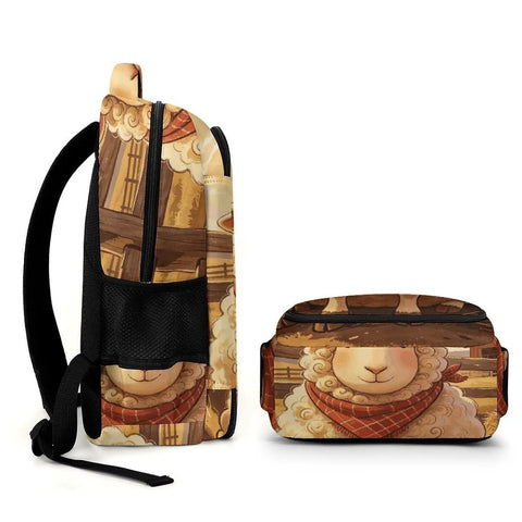 Plaid Bandana Farm Sheep Print Unisex Backpack With Large Capacity, durable travel bag, side view and front pocket details