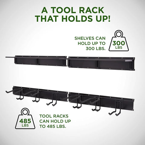Garage Tool Storage Rack 12 Piece With Wall Shelf And Heavy Duty Hanger System For Power Tools, Mops, Garden Tools, Rakes, Shovels, Bikes And More - Wall Mounted Metal Organizer For A Clutter Free Workshop