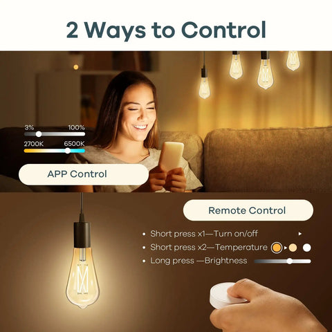 Woman using remote control for WiFi Smart Edison Bulbs Tunable White 2700K To 6500K Dimmable Vintage ST19 Look