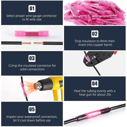Heat shrink butt wire connectors for 22-16 AWG, pink insulated, waterproof, 100 pcs