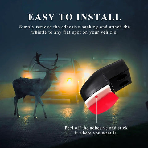 4 Pack Deer Warning Whistles With Waterproof Adhesive Tapes for Cars Trucks and SUVs pictured with a deer and headlights in the background.