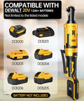 Cordless 3/8 Inch Ratchet Wrench For Dewalt 20V Battery shown with compatible battery options, yellow and black tool design