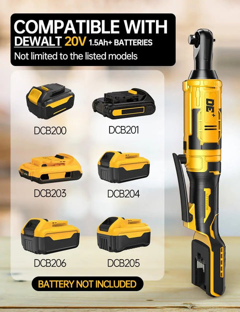 Cordless 3/8 Inch Ratchet Wrench For Dewalt 20V Battery shown with compatible battery options, yellow and black tool design