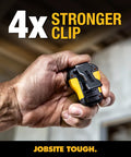 Man holding Wearable Clip On Bluetooth Speaker For Job Sites, Water Resistant Portable Speaker With Built In Mic, rugged yellow design.