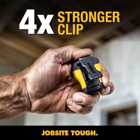 Man holding Wearable Clip On Bluetooth Speaker For Job Sites, Water Resistant Portable Speaker With Built In Mic, rugged yellow design.
