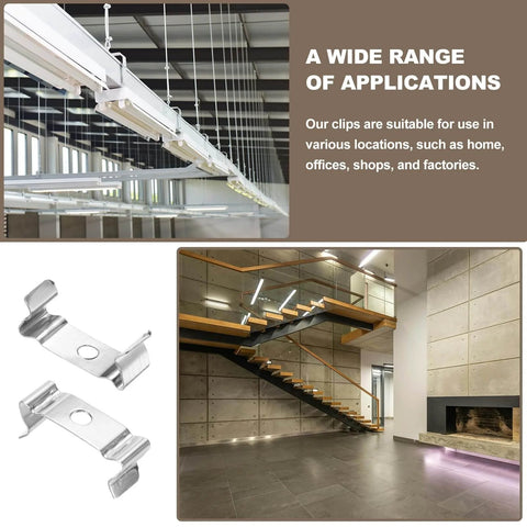 T5 Clip Bracket Hangers For LED Tubes Easy Install Light Fixture Clamps For T5 LEDs Aluminum Channel Mount, installed view and close-up.