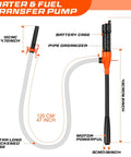 Portable battery-operated siphon pump for gas, diesel and water; 47-inch hose, orange/black.
