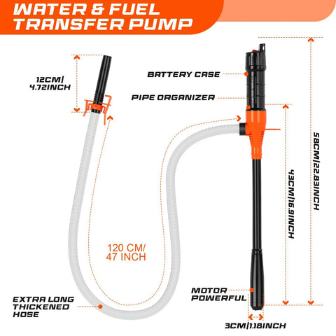 Portable battery-operated siphon pump for gas, diesel and water; 47-inch hose, orange/black.