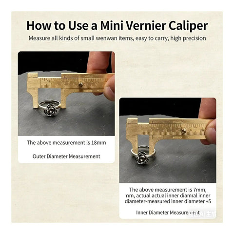 Solid Brass Digital Caliper High-Precision Mini Tool for DIY measuring a ring's outer and inner diameters in mm.