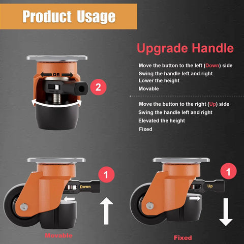 Product usage diagram of Hella Tough Height Adjustable Plate Casters Set Of Four With Solid Ratchet Handle and Silky Smooth Swivel Wheels 580 Pound Load Rating for Workshop Furniture Sets.
