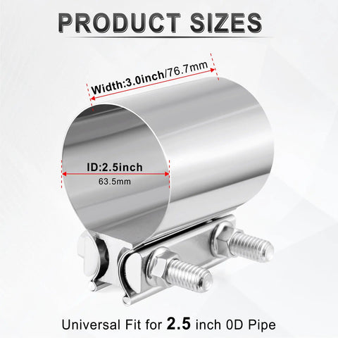 2.5 Inch Exhaust Clamp Beefed Up 304 Stainless Steel Heavy Duty Lap Joint Band Clamp universal fit product size