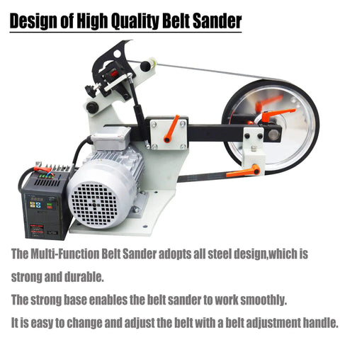 Workhorse Variable Speed Belt Sander And Knife Grinder With Wheel And Flat Platen Tool Rest for sick polish results, featuring 1500W motor and steel frame.