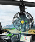 Overhead 6 Inch UTV Cooling Fan With 12V Power mounted on roll cage inside Polaris RZR