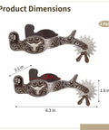 Kickin Western Spurs With Turnable Gear For Cowboy Boots 2 Piece Set dimensions with engraved design and rotating rowel