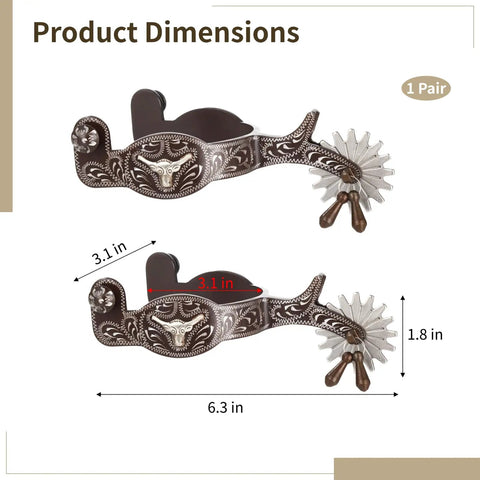 Kickin Western Spurs With Turnable Gear For Cowboy Boots 2 Piece Set dimensions with engraved design and rotating rowel