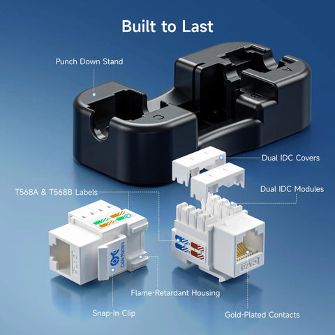 25 Pack Cat6 Keystone Jacks 10Gbps RJ45 Ethernet Modular Jacks White With Punch Down Stand for Patch Panels and Wall Plates