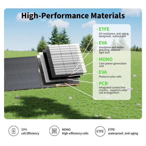 Material layers of solar panel included in Massive 1843.2Wh LiFePO4 Portable Power Station With 2400W Peak Output on grass